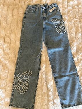 PacSun Light Blue Straight Leg Jeans with Butterfly Appliqués